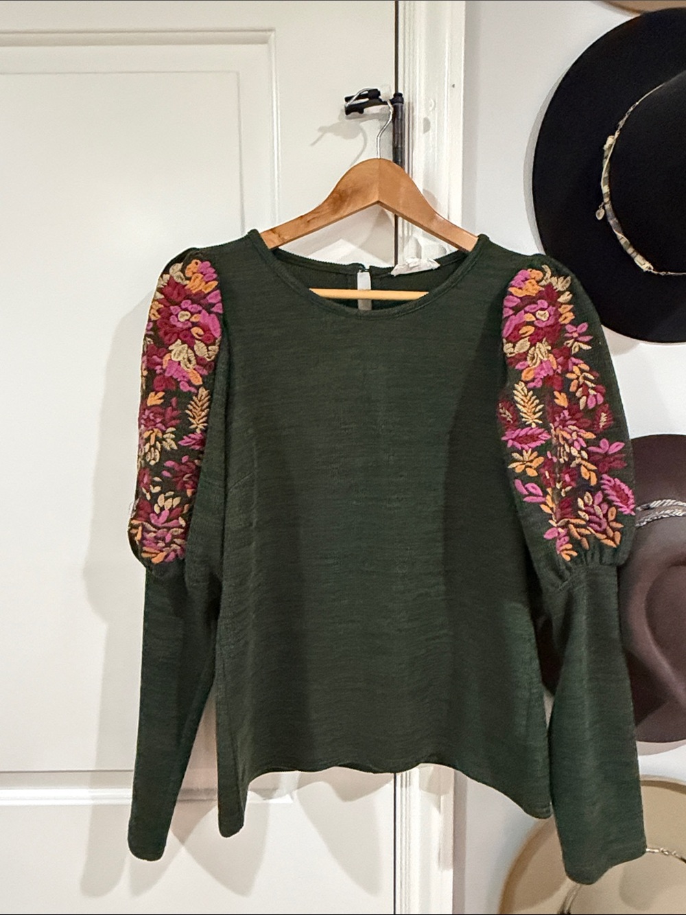 THML Olive Green Sweater with Pink & Gold Floral Sleeve Embroidery